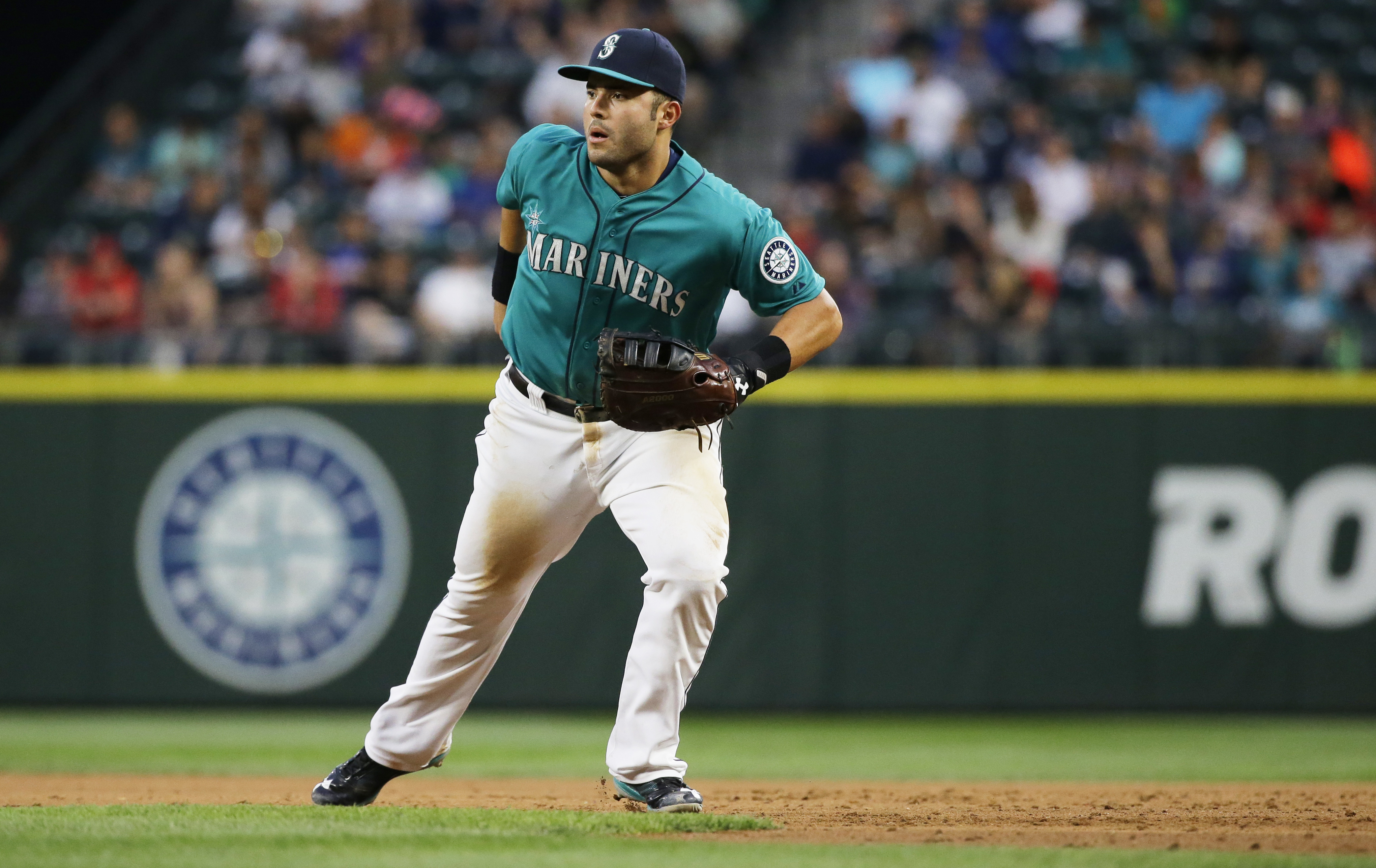 Seattle Mariners first baseman Jesus Montero moves toward the base on a play in the fourth inning of a baseball game against the Los Angeles Angels, Friday, July 10, 2015, in Seattle. (AP Photo/Ted S. Warren) ORG XMIT: WATW112