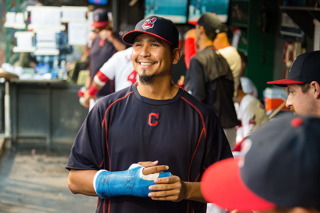 CLEVELAND, OH - SEPTEMBER 23: Pitcher Carlos Carrasco #59 of the Cleveland Indians in the dugout prior to the game against the Chicago White Sox at Progressive Field on September 23, 2016 in Cleveland, Ohio. (Photo by Jason Miller/Getty Images) *** Local Caption *** Carlos Carrasco