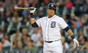 DETROIT, MI - SEPTEMBER 25: Miguel Cabrera #24 of the Detroit Tigers reacts after striking out during the first inning of the game against the Minnesota Twins on September 25, 2015 at Comerica Park in Detroit, Michigan. (Photo by Leon Halip/Getty Images)