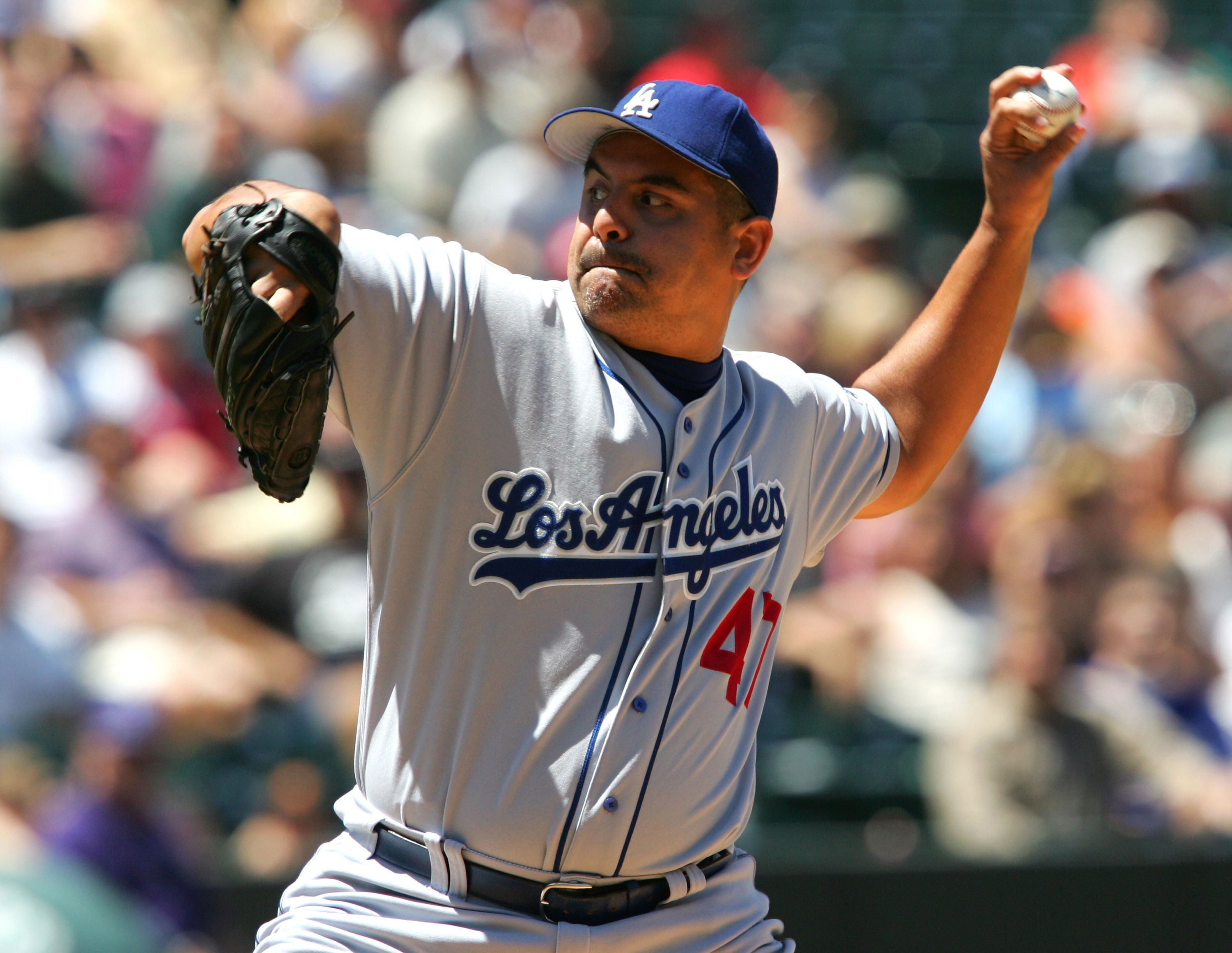 Los Angeles Dodgers starter Wilson Alvarez pitches during the game between the Colorado Rockies and the Los Angeles Dodgers at Coors Field in Denver, Colorado on July 29, 2004. The Dodgers won 3-2. (Photo by Jon Soohoo/Getty Images)