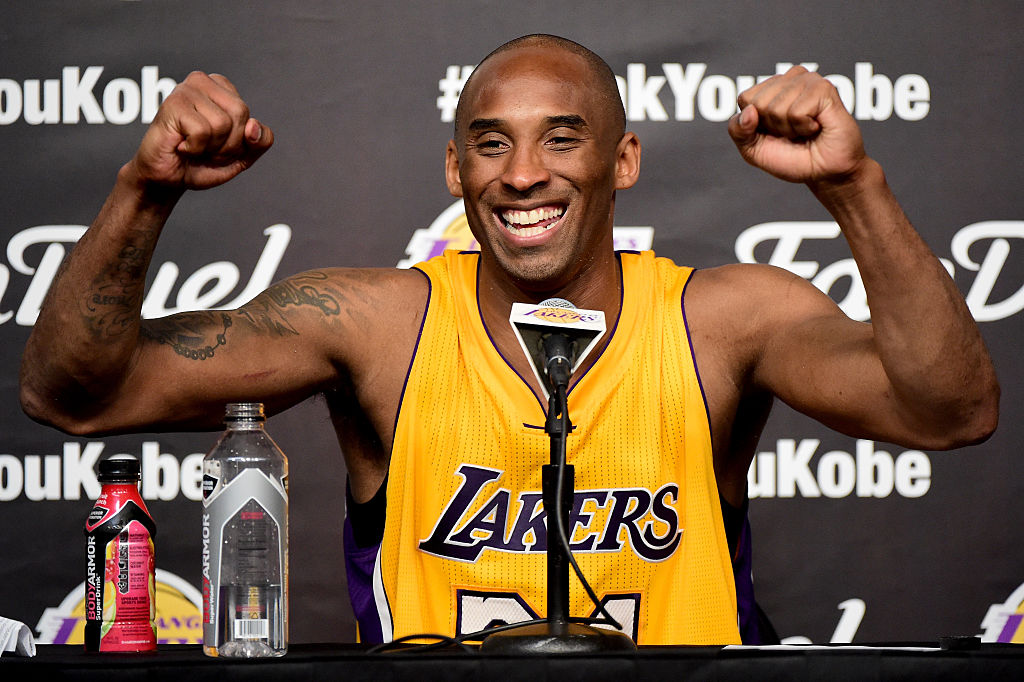 LOS ANGELES, CA - APRIL 13: Kobe Bryant #24 of the Los Angeles Lakers smiles during the post game news conference after scoring 60 points in the final game of his NBA career at Staples Center on April 13, 2016 in Los Angeles, California. NOTE TO USER: User expressly acknowledges and agrees that, by downloading and or using this photograph, User is consenting to the terms and conditions of the Getty Images License Agreement. (Photo by Harry How/Getty Images)