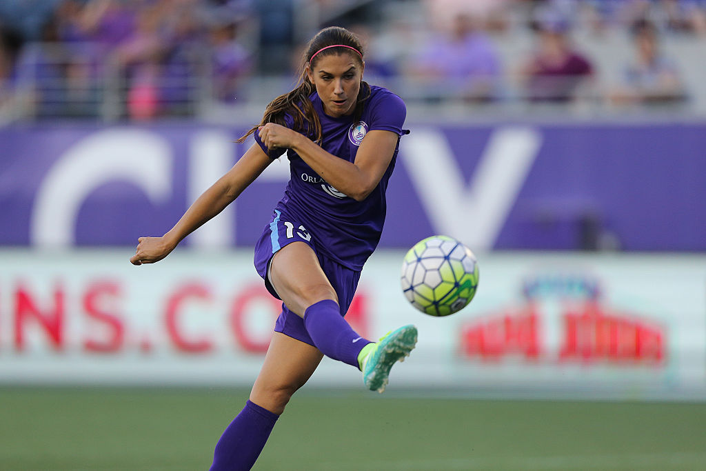 ORLANDO, FL - APRIL 23: Alex Morgan #13 of Orlando Pride kicks the ball during a NWSL soccer match against the Houston Dash at the Orlando Citrus Bowl on April 23, 2016 in Orlando, Florida. (Photo by Alex Menendez/Getty Images)