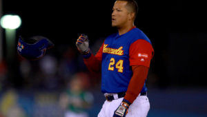 ZAPOPAN, MEXICO - MARCH 12: Miguel Cabrera #24 of Venezuela reacts in the top of the bottom of the thirty inning during the World Baseball Classic Pool D Game 6 between Mexico v Venezuela at Panamericano Stadium on March 12, 2017 in Zapopan, Mexico. (Photo by Miguel Tovar/Getty Images)