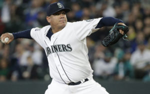 Seattle Mariners starting pitcher Felix Hernandez in action against the Miami Marlins in a baseball game Wednesday, April 19, 2017, in Seattle. (AP Photo/Elaine Thompson)
