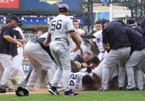 DETROIT, MI - AUGUST 24: Miguel Cabrera #24 of the Detroit Tigers fights with Aaron Judge #99 of the New York Yankees during a bench clearing fight in the sixth inning at Comerica Park on August 24, 2017 in Detroit, Michigan. Gregory Shamus/Getty Images/AFP