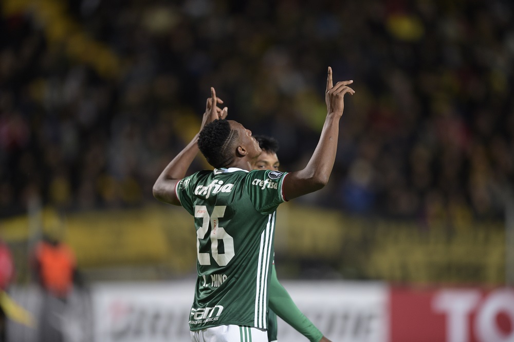 Brazil's Palmeiras player Yerry Mina celebrates after scoring a goal against Uruguay's Penarol during their Libertadores Cup football match at the Campeones del Siglo Stadium in Montevideo on April 26, 2017.  / AFP PHOTO / MIGUEL ROJO